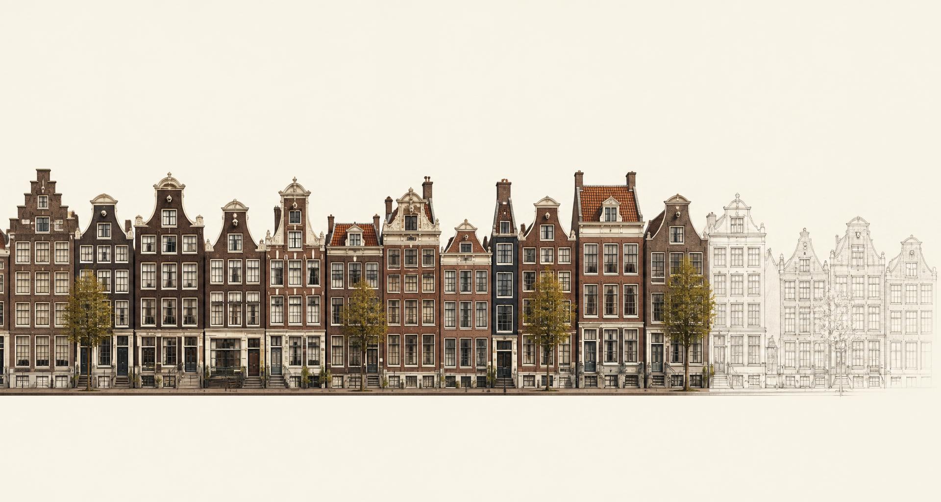 Wide illustration of Amsterdam canal houses fading into architectural sketch